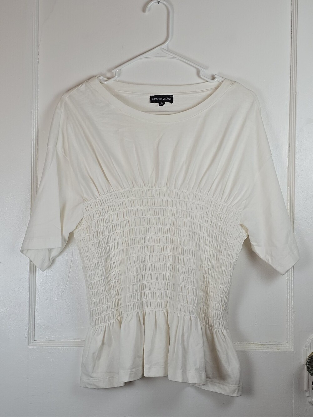 Modern Works Ivory Smocked Cotton Peplum Top L